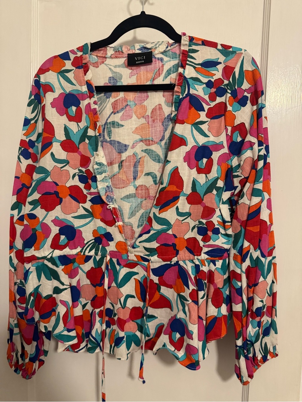 VICI Multicolor Floral Peplum Top in White, Red, Pink & Blue